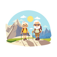Elder couple hiking outdoors together, sport activities concept.