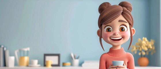 A cartoon 3D cute girl character having a coffee break with a tiny coffee cup