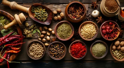 Fotobehang Group of Chinese spices and herbal medicines arranged on table. Top view. Healthy condiment concept.  © Puetsapa