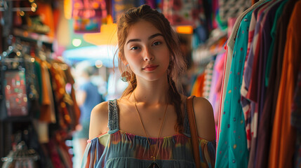 Obraz premium a young woman poses stylishly inside a clothing store. Against the backdrop of racks of colorful clothes and accessories, Ai generated Images