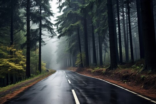 Misty Forest Road Journey in Lush Woodland