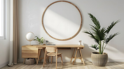 Round shape mockup photo frame bamboo border, on study desk in modern living room, 3d render