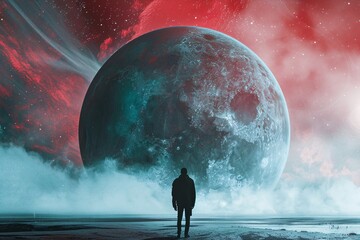 a person standing in front of a large planet