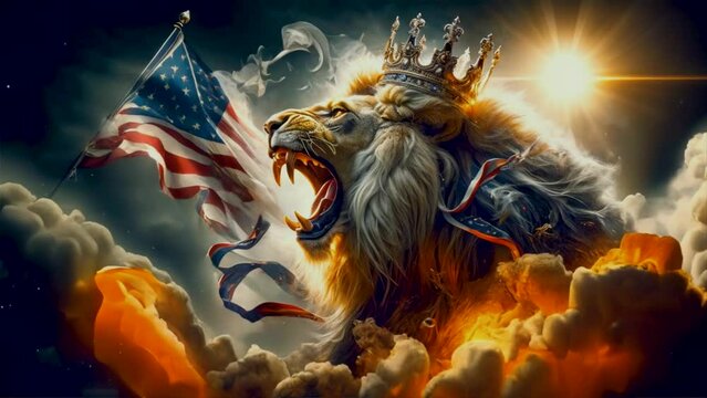 Majestic roaring  king lion with  waving usa flag animation.