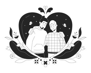 Thanks father day black and white 2D illustration concept. Closeness hugs father son older caucasian cartoon outline characters isolated on white. Good warm moment metaphor monochrome vector art
