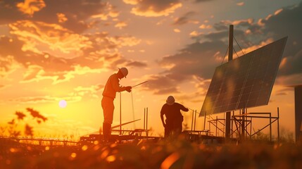 An engineer is supervising the installation of a solar power system in the evening. Workers install solar cells - obrazy, fototapety, plakaty