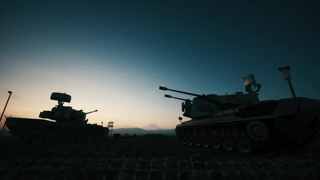 Air defense system at sunset. Mobile air defence with radar. Gepard PRTL