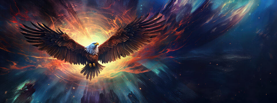 Eagle soars with outstretched wings against dynamic cosmic backdrop, feathers echoing the colors of nebulae, stars, and the ethereal beauty of space.