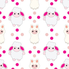 Seamless pattern with cute sheep on blue. Vector background for kids.