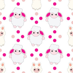 Seamless pattern with cute sheep on blue. Vector background for kids.