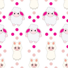 Seamless pattern with cute sheep on blue. Vector background for kids.