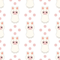 Seamless pattern with cute sheep on blue. Vector background for kids.