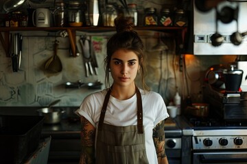 Fototapeta na wymiar A woman chef with a bun in her hair stands in a kitchen with apron on. She is wearing a white shirt and has a tattoo on her arm