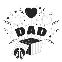 Gift box father day black and white 2D illustration concept. Open giftbox dad birthday surprise cartoon outline object isolated on white. Daddy present hearts out box metaphor monochrome vector art