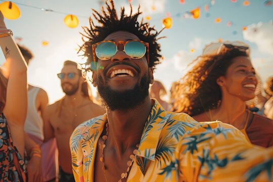 A man with a big smile on his face is wearing a yellow shirt and sunglasses. He is surrounded by a group of people, some of whom are also smiling in a summer music festival