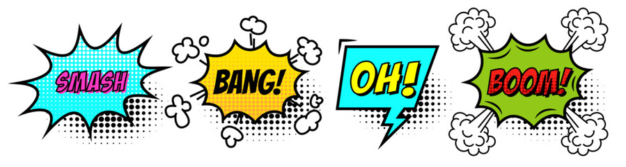 Comic speech bubble with text Smash, Bang, Oh, Boom isolated on white background. Cartoon style.