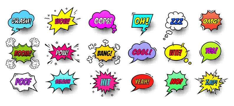 Collection of comic speech bubbles with text isolated on white background. Cartoon style.