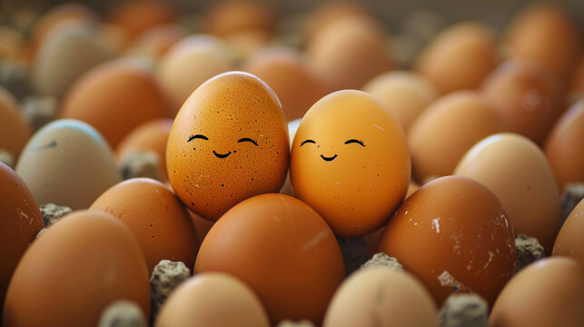 Cute Easter eggs with funny faces. Happy Easter concept.