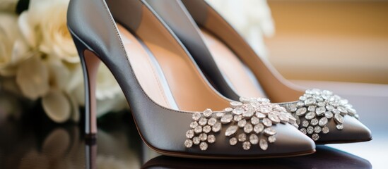 A pair of high heels adorned with pearls is elegantly displayed on a table, perfect for a bridal shoe or dancing at a special event