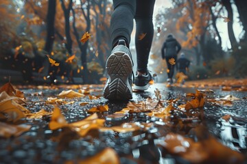 Autumn Jogger in Motion Athletes Shoes Splash through Wet Leaves