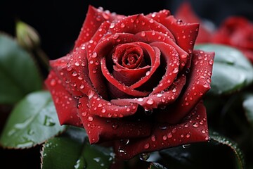 Dew-kissed Crimson Rose Close-up on Dark Background
