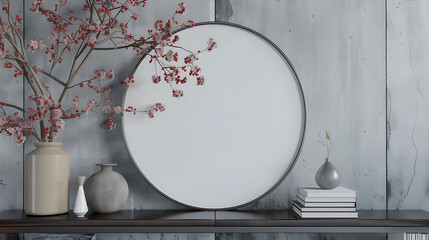 Round shape mockup photo frame resin border, on book shelf in modern living room, 3d render