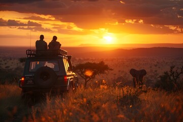 African Safari Couple Witnessing Golden Sunset and Elephants in the Distance