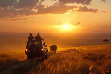 Fototapeta premium Safari-goers Witnessing Grazing Animals Against the Golden Sunset Backdrop in Africa