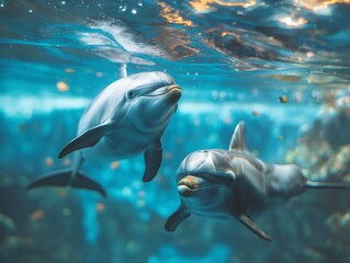 Two dolphins glide gracefully underwater, displaying intelligence and social behavior.