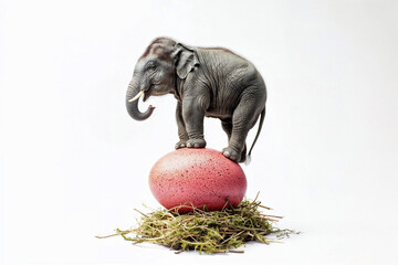 Elephant standing on a large easter egg. Isolated white background. Generative AI image.	