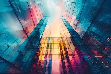 Futuristic Glass Building Against Colorful Sky Abstract Advertising Background