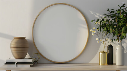 Round shape mockup photo frame resin border, on book shelf in modern living room, 3d render