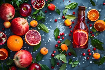 Summers Exotic Fruit Infusion Red Juice Bottle Surrounded by a Vibrant Array of Fresh Pomegranates, Berries, and Citrus in a Flat Lay