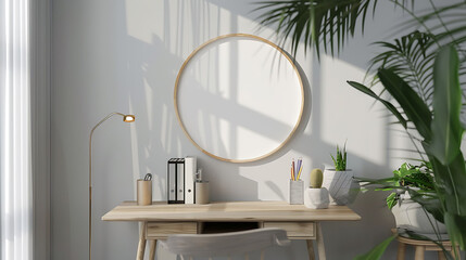 Round shape mockup photo frame plastic border, on study desk in modern living room, 3d render