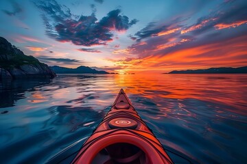 Kayaking through a Vibrant Norwegian Sunset A Serene Outdoor Adventure on the Lofoten Islands - obrazy, fototapety, plakaty