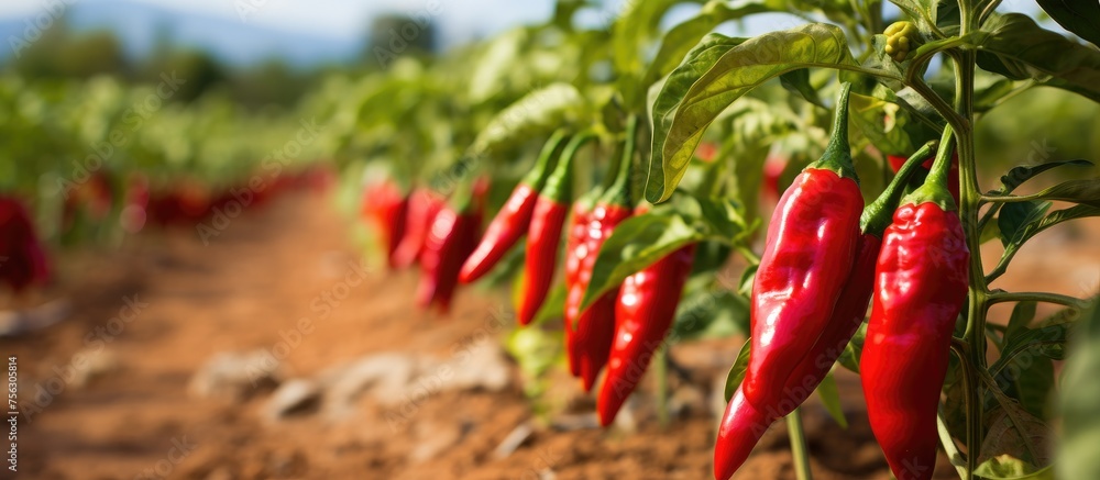 Poster A variety of chili peppers including Birds eye chili and Chile de rbol are growing on a plant in a field, providing a staple food ingredient for natural foods and spices