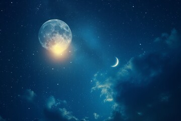 Fototapeta na wymiar Shining moon on a starry night. Moon in front of galactic nebula, solar eclipse