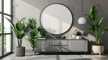 Round shape mockup photo frame fabric border, on chest drawer in modern living room, 3d render