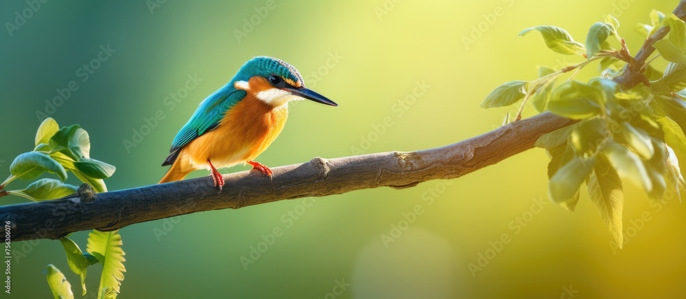 Poster a vibrant songbird with colorful feathers perches on a twig, its beak open in song. captured in stun