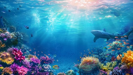 Fototapeta na wymiar underwater coral reef landscape 16to9 background in the deep blue ocean with colorful fish and marine life