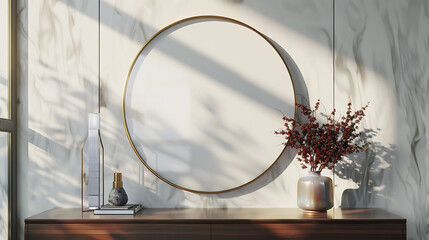 Round shape mockup photo frame resin border, on dresser in modern living room, 3d render