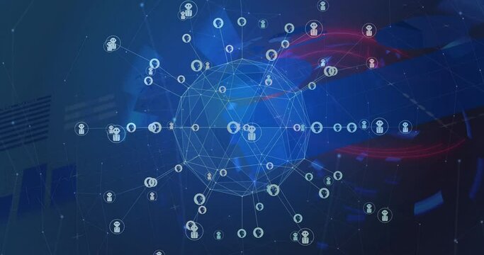 Animation of network of connections with robot icons over digital tunnel