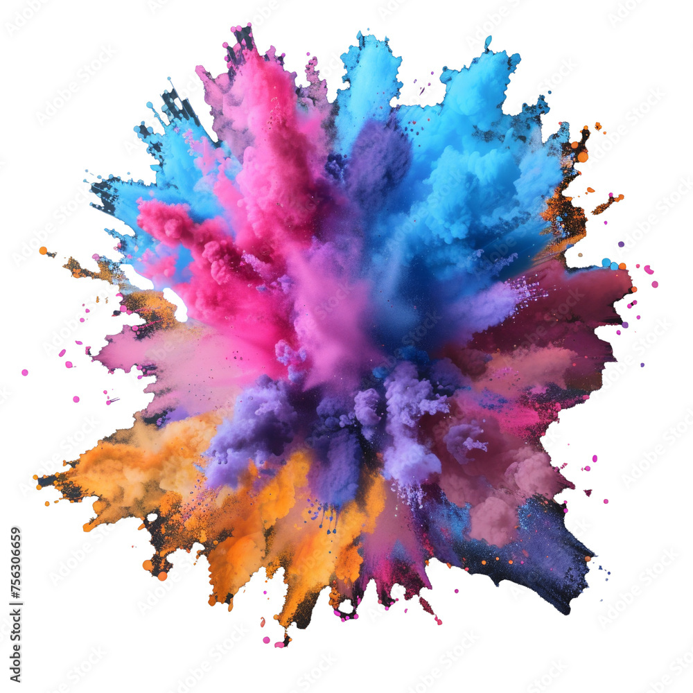 Poster a cartoon splash of colorful paint dust with round banners. realistic splash of colorful powder with