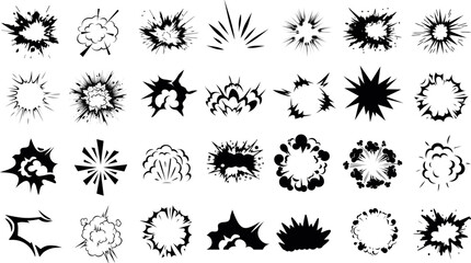 Explosion effects, black Explosion vector burst icons isolated. Perfect for comics, animation, print, digital art. Dynamic energy impact visuals