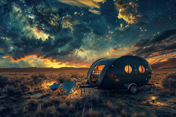 A captivating image of a teardrop trailer in a desert landscape at dusk, with a dramatic sky and warm lights - 756306629