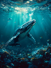 海洋ゴミの中を泳ぐクジラ