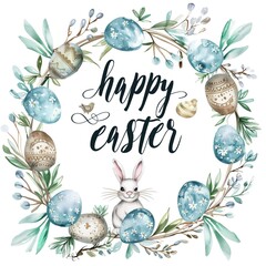 easter watercolour wreath illustration with easter eggs and bunny rabbit