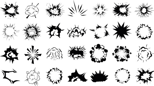 Explosion effects, black Explosion vector burst icons isolated. Perfect for comics, animation, print, digital art. Dynamic energy impact visuals