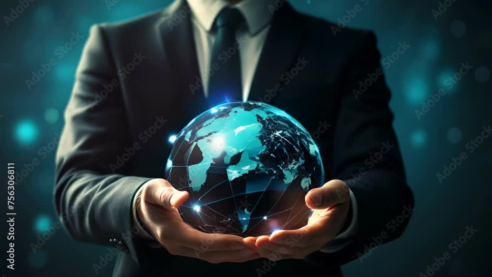 Poster businessman holding global network connection. big data analytics and business intelligence. world m