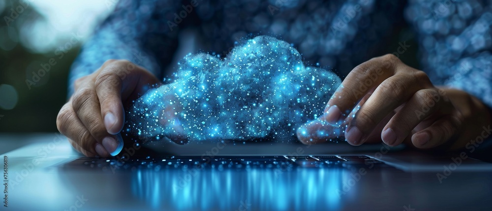Poster An illustration of a cloud computing interface for a new computer era in the hand of a businessman